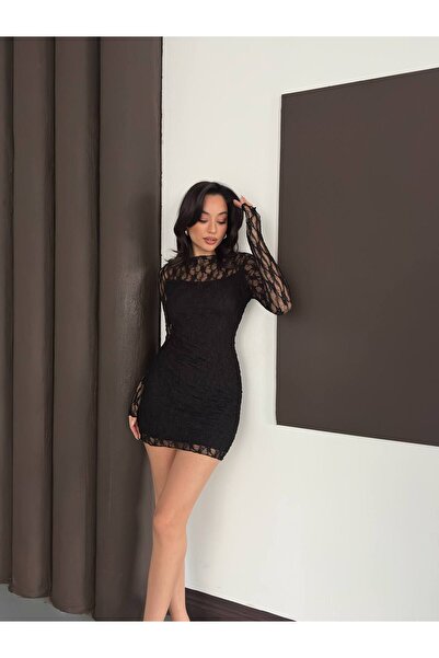 Alizstore Women's Lace Detailed Mini Dress Long Sleeve Stylish Black Dress