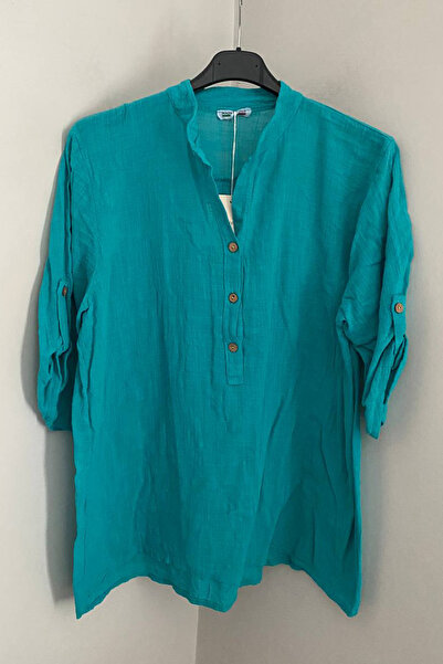 AYASOFYA OTANTIK Women's Italian Petrol Button Detailed Lapel Collar 100% Cot...