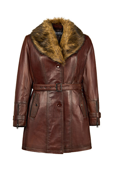 Derimod Rhoda(Plus) Women's Brown Wide Fit Collar Fur-Trimmed Leather Coat 25...