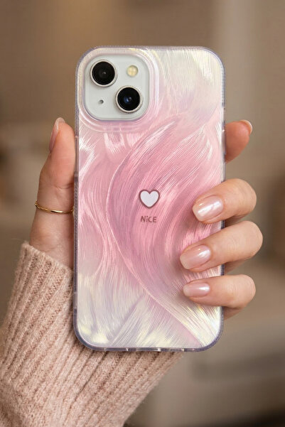 KVK PRİVACY iPhone 13 / 14 / 15 Uyumlu Pembe Tüylü Dalga Desenli Küçük Kalp T...