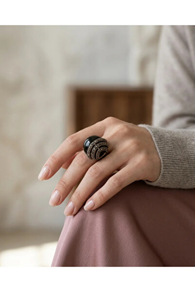 Dorvina Bronze Women's Ring Antique Jewelry Margazite Stone Inlaid Black Roun...