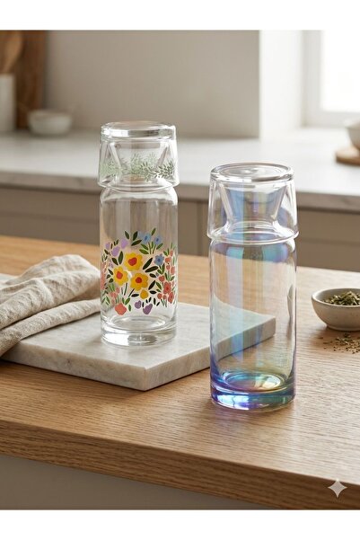 NO BRAND Lüks İkili Baş Ucu Sürahi Seti - Çiçekli & Yanardöner Gökkuşağı Karaf