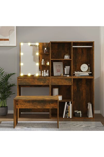 Concept Set măsuță de toaletă cu LED, stejar fumuriu, lemn prelucrat