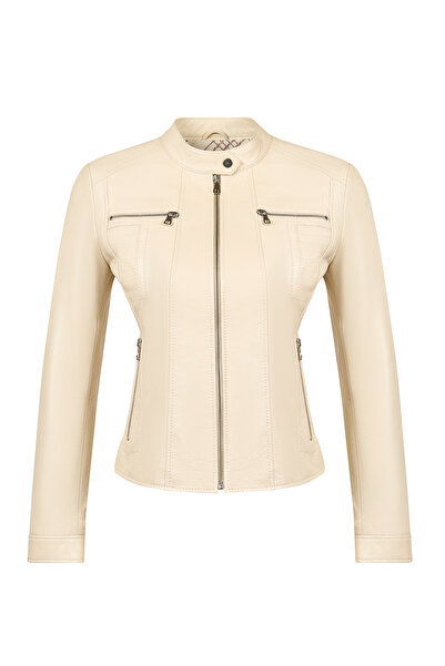 Derimod Marlyn Women's Beige Judge Collar Short Leather Jacket 26Sge5133R3
