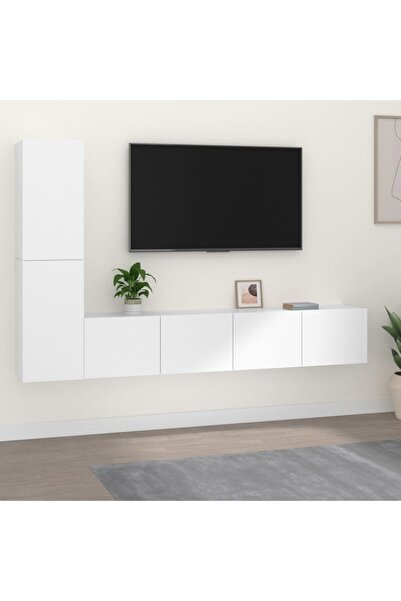 Concept Set dulap TV, 4 piese, alb, lemn prelucrat