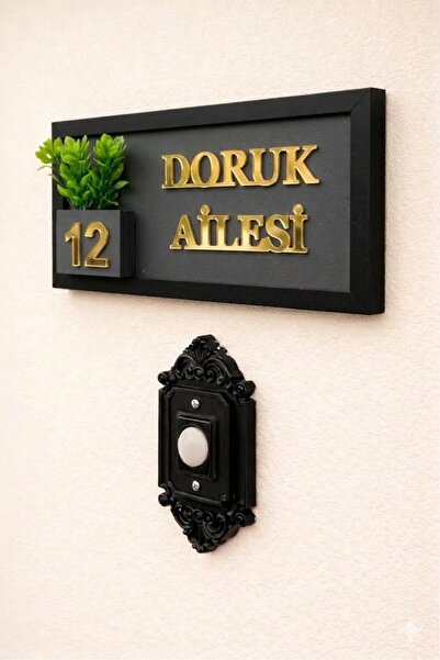 SHELİFE Kişiye Özel Ahşap Kapı İsimliği Çiçekli Gold – 10x20 cm MDF Dekoratif...