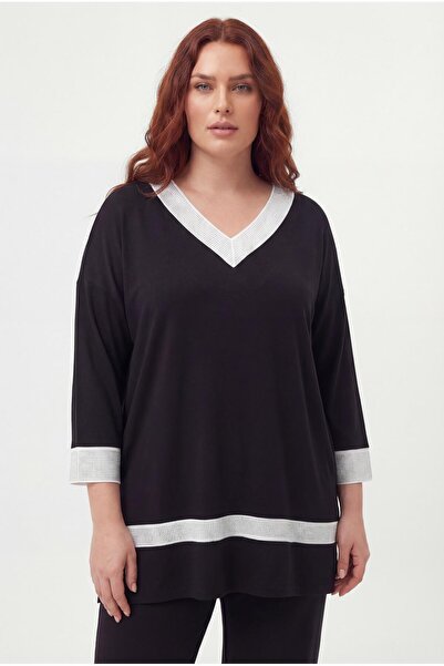 Ebsumu Women's Large Size Stone Printed Design White-Black Blouse