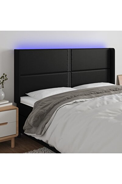 Concept Tăblie de pat cu LED, negru, 183x16x118/128 cm, piele ecologică