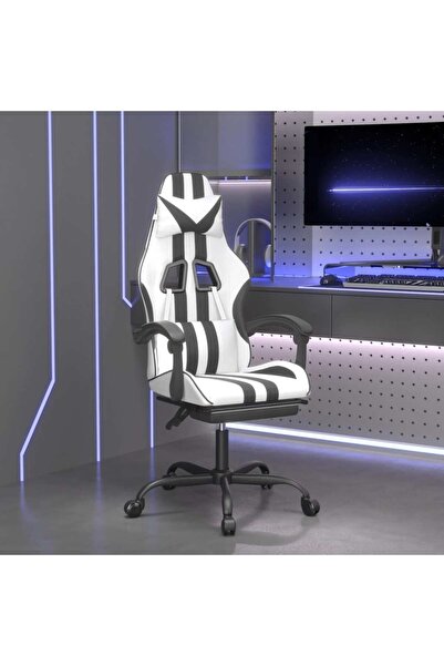 Concept Scaun de gaming pivotant cu suport picioare alb&negru piele