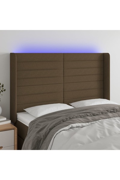 Concept Tăblie de pat cu LED, maro închis, 147x16x118/128 cm, textil