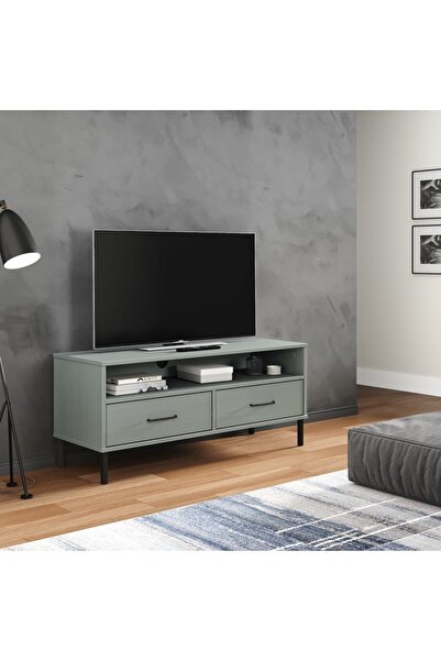 Concept Comodă TV cu picioare metalice „OSLO”, gri, lemn masiv pin