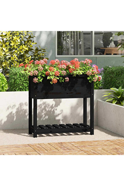 Concept Γλάστρα με ράφι, μαύρη, 82,5x34,5x81 cm, από μασίφ ξύλο πεύκου