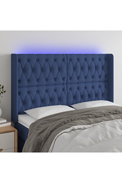 Concept Tăblie de pat cu LED, albastru, 147x16x118/128 cm, textil