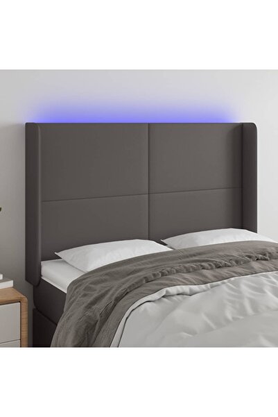 Concept Tăblie de pat cu LED, gri, 147x16x118/128 cm, piele ecologică