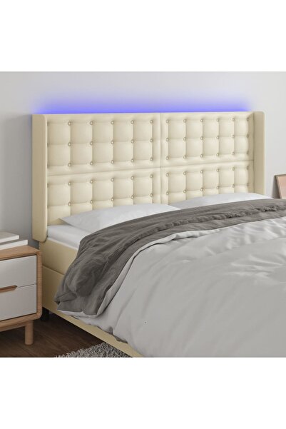 Concept Tăblie de pat cu LED, crem, 163x16x118/128 cm, piele ecologică