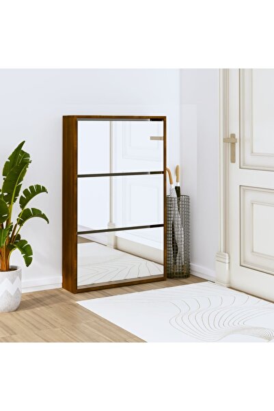 Concept Pantofar cu oglindă, 3 niveluri, Stejar maro, 63x17x102,5 cm