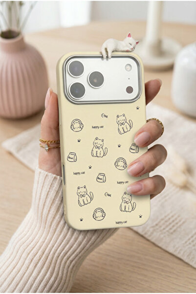 KVK PRİVACY iPhone 17 Pro 3D Uyuyan Kedi Figürlü Happy Cat Desenli Silikon Te...