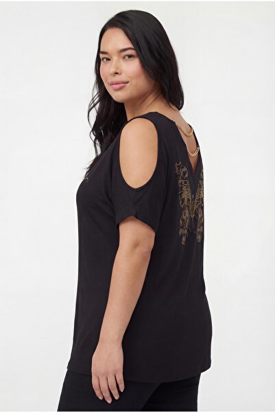 Ebsumu Women's Plus Size Butterfly Back Patterned Off Shoulder Black Blouse