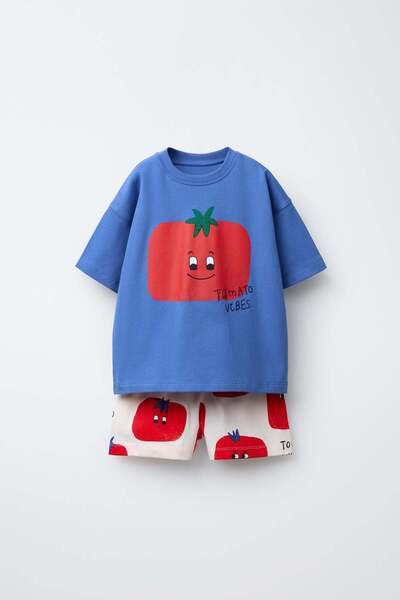 Magu طقم شورت تي شيرت للأطفال من الجنسين مكون من قطن قطع باللون الأزرق طماطم ...