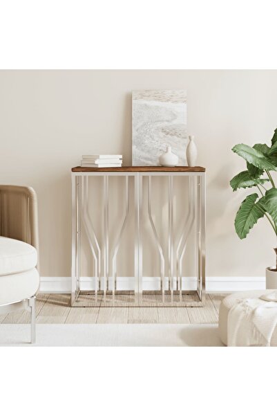 Concept Κονσόλα τραπεζιού, ασημί, ανοξείδωτο ατσάλι/μασίφ ανακυκλωμένο ξύλο