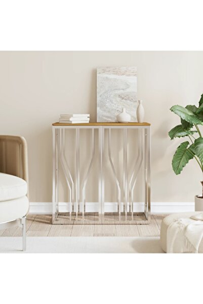 Concept Τραπεζάκι σαλονιού, ασημί, ανοξείδωτο ατσάλι και μασίφ ξύλο ακακίας