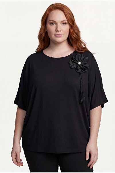 Ebsumu Women's Plus Size V-Neck Stone Printed Black Blouse