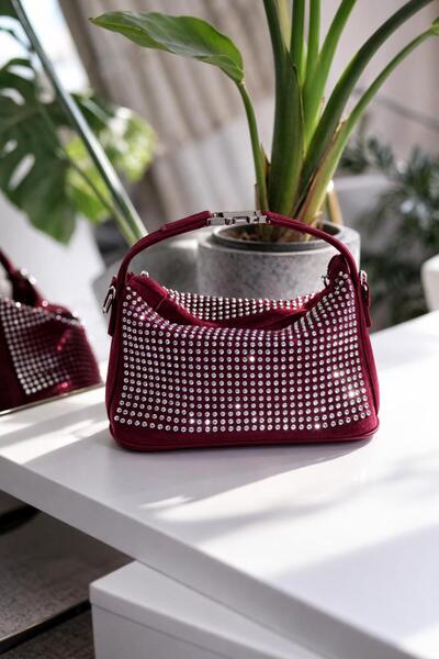 Moom Bag Women's Burgundy Stone Lock Detailed Strap Handbag Shoulder Bag