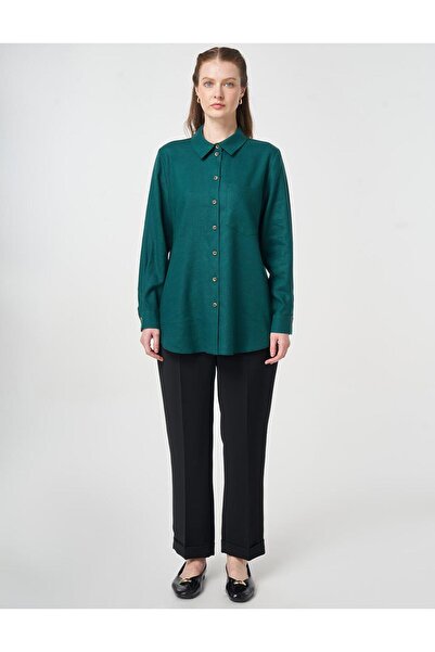Kayra Tek Pocketed Cotton Lyocell Blouse Pine Green