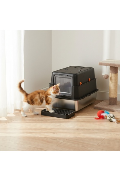 Shangxing صندوق فضلات كبير جدًا من الفولاذ المقاوم للصدأ للقطط المتعددة، ذو ج...