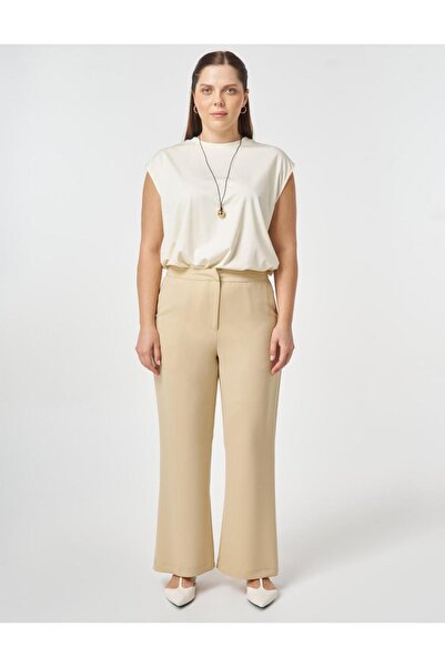 Kayra Elastic Waist Wide Leg Trousers Beige