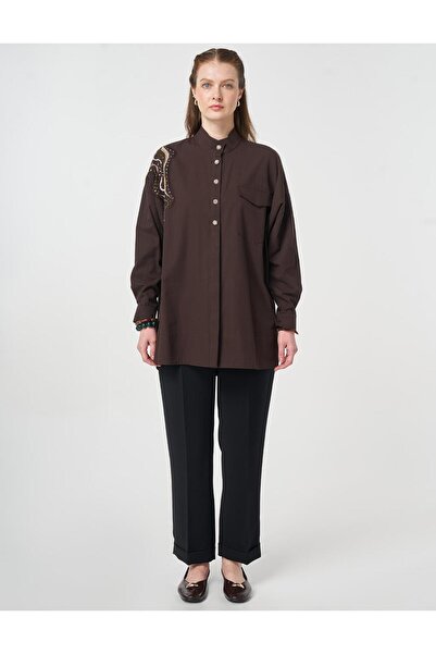 Kayra %100 Pamuklu Omzu İşlemeli Tunik Koyu Kahve