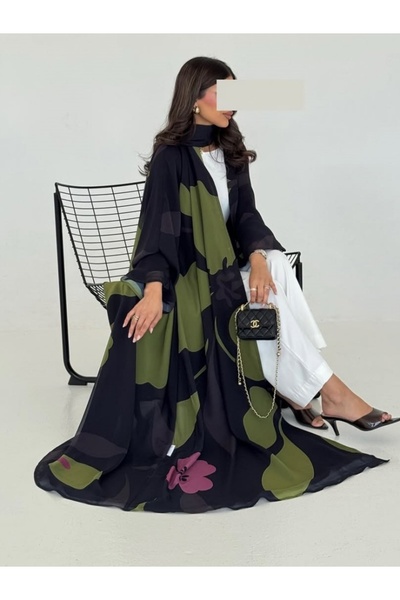 Noon Noora Flowing Chiffon Printed Front Open Abaya Set (With Headscarf ).