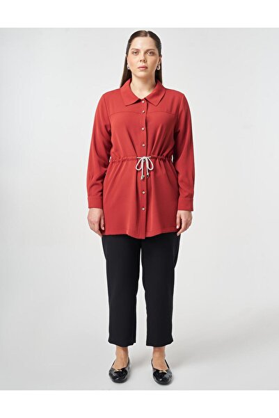 Kayra Lace-Up Shirt Collar Tunic Tile Red