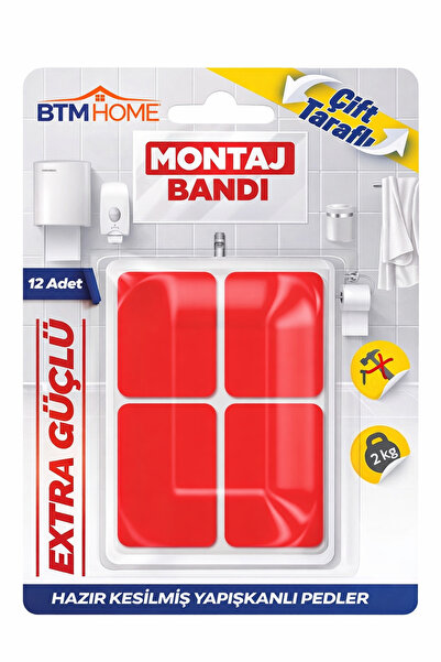 btm home Şeffaf Çift Taraflı Montaj Bandı 12 Adet Güçlü Yapışkan Ped Duvar Ba...