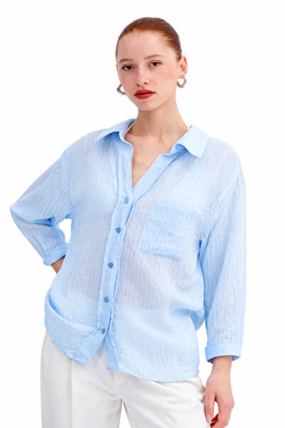 Alizstore Kadın Mavi Çizgili Salaş Gömlek Visco Kumaş Yazlık Oversize Rahat G...