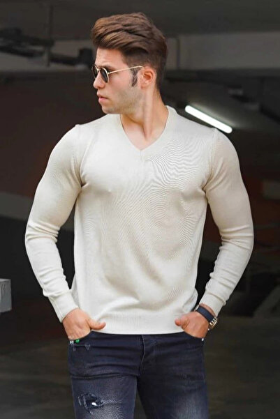 Generic Brand Men's v-neck sweater long sleeve plain knitwear - cream