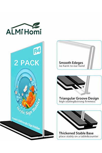 almihomi 2-Pack A4 Acrylic Sign Holder Double‑Sided Display Stand – Crystal‑C...