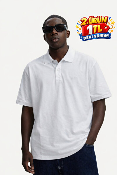 DAMGA JEANS Ανδρικό καλοκαιρινό φαρδύ λευκό μπλουζάκι με λαιμόκοψη πόλο