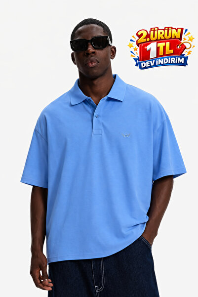 DAMGA JEANS Ανδρικό καλοκαιρινό φαρδύ μπλουζάκι με γιακά πόλο σε μπλε χρώμα
