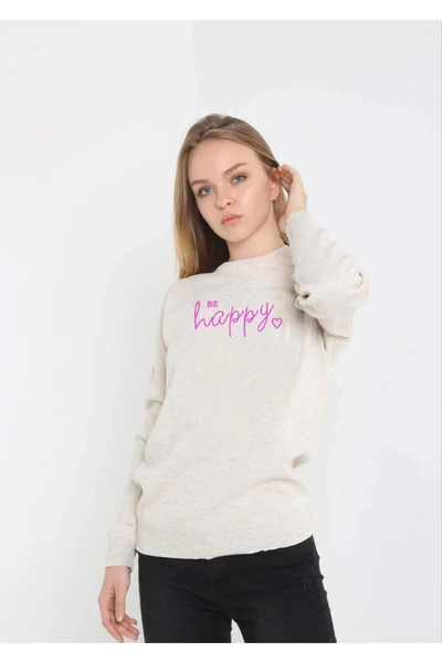 Alfanora Women's Crew Neck Sweater Printed Woven Knitwear - Beige