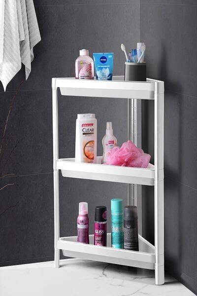 NATURAWİN 3 Katlı Köşeli Banyo Rafı Çok Amaçlı Beyaz Raf Ünitesi