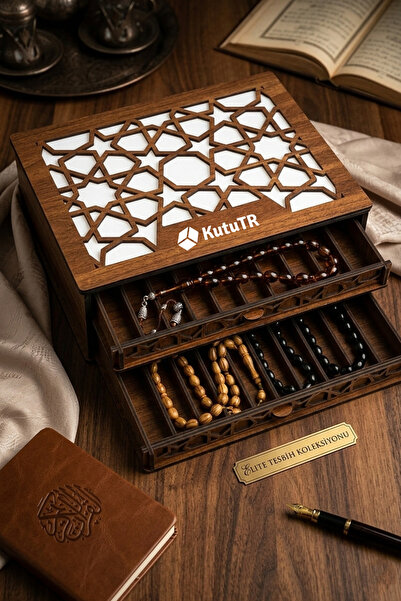 kutuTR Kişiye Özel Ahşap Tespih Kutusu 2 Katlı 22 Tesbih Kapasiteli İslami De...