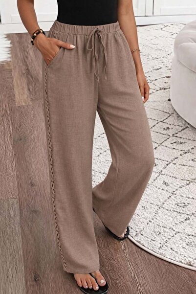 MODA Pantaloni lungi de damă Trend cu talie înaltă și dantelă pe laterale
