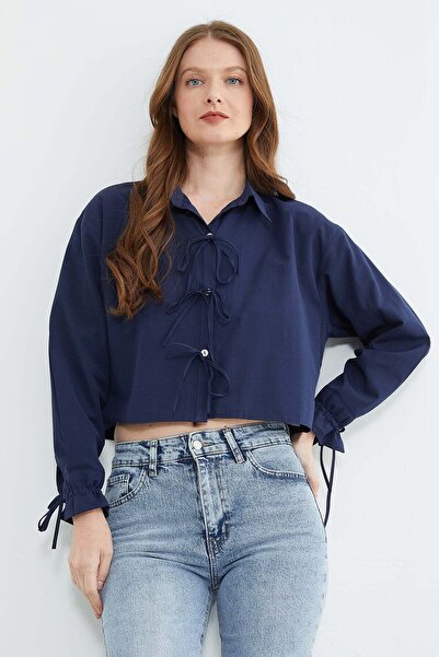 Fulla Moda Buttoned Crop Shirt with Tie Front