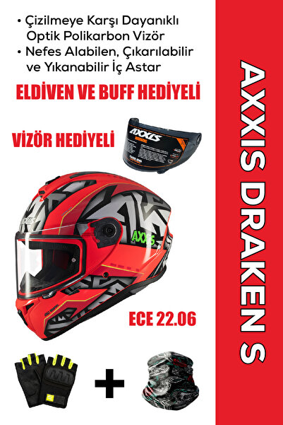 AXXIS Draken S Jolly CS / Mat Kırmızı Full Face Motosiklet Kaskı - İntercom U...