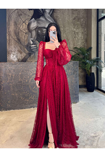 missswans Daliya Dantelli Balon Uzun Kol Korseli Önü Yırtmaçlı Abiye Bordo
