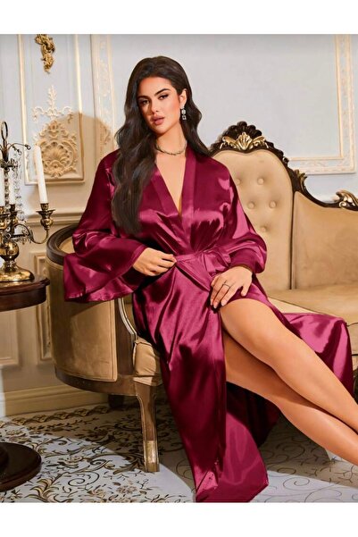Jermo Women's Silk I Satin and Bat Sleeve K Belt I Long Single Dressing Gown