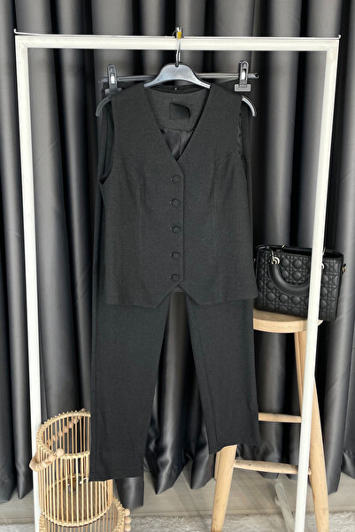 Cessa fashion Asymmetrical Veneer Button Detail Vest Set Set - Anthracite Ant...