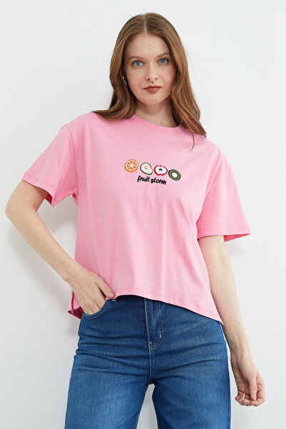 Fulla Moda Φρούτα Με κέντημα άνοιγμα oversized Μπλουζάκι