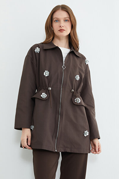 Fulla Moda Floral Embroidered Trench Coat with Elastic Waist